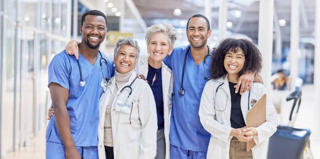 Happy portrait, group and doctors